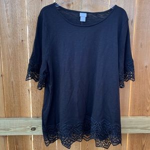 Chicos knit slub lace hen size 3 (xl) black short sleeve Blouse